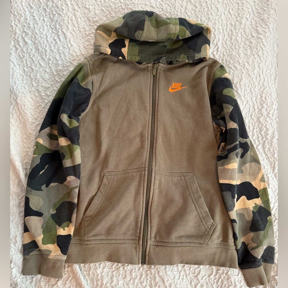Nike Kids Camo Sleeve Hoodie with Orange Accent
